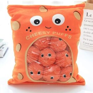 Cheesy Puffs Plush Pillow Plushy Kawaii Food Chibi Bag of Chips NEW Cheeseballs